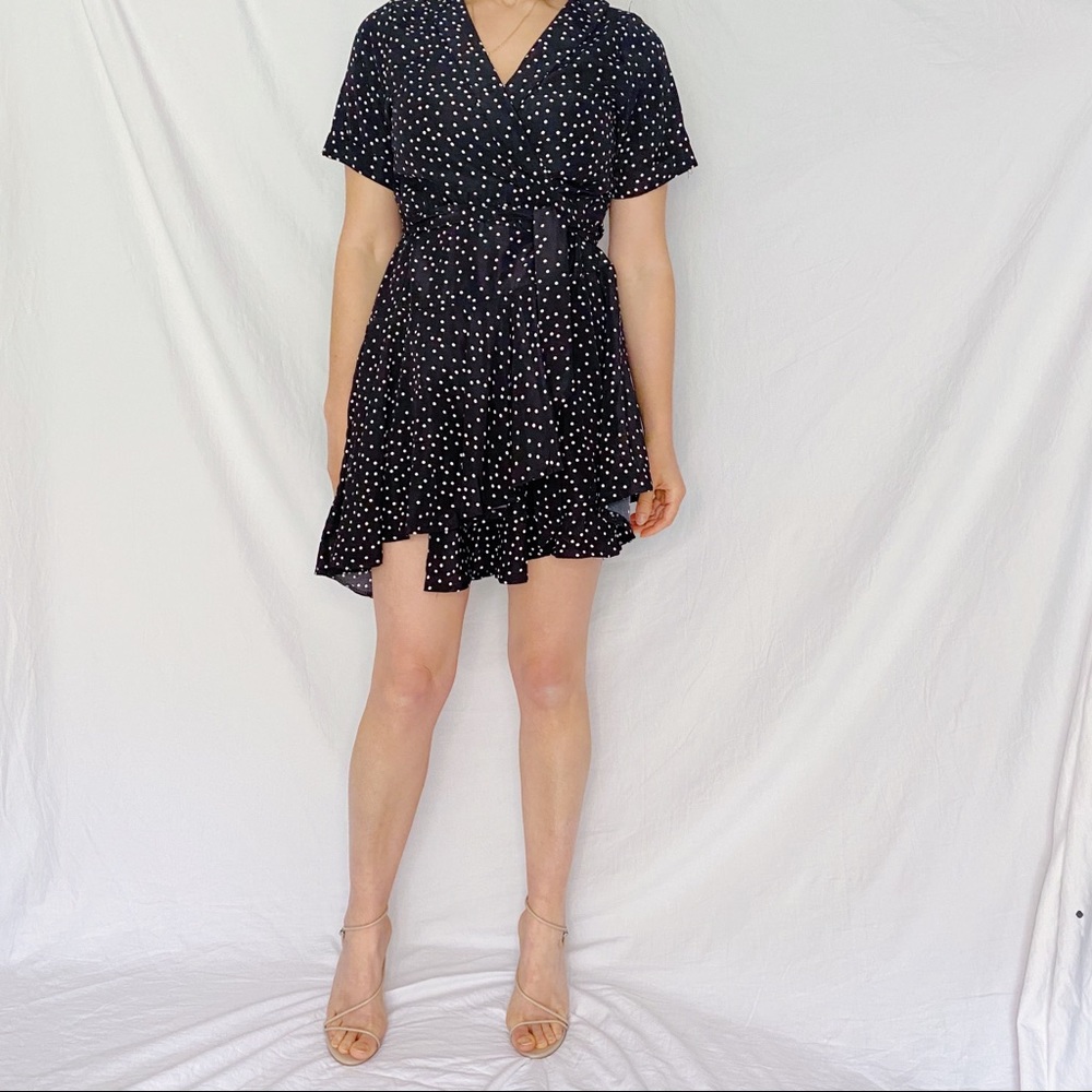Asymmetric polka dots wrapped mini dress. Size S.